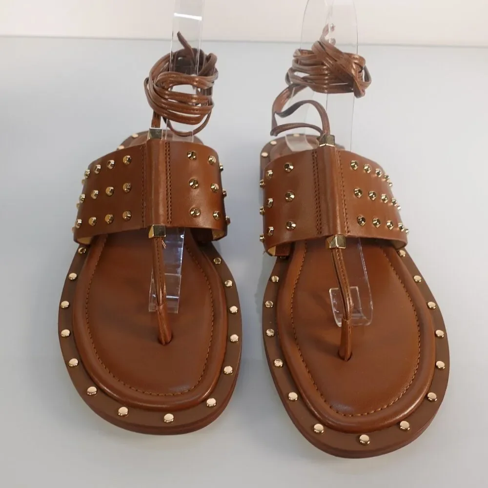 Women's Michael Kors Jagger Flat Sandal Luggage Tan Gold Studded Size 7.5 New